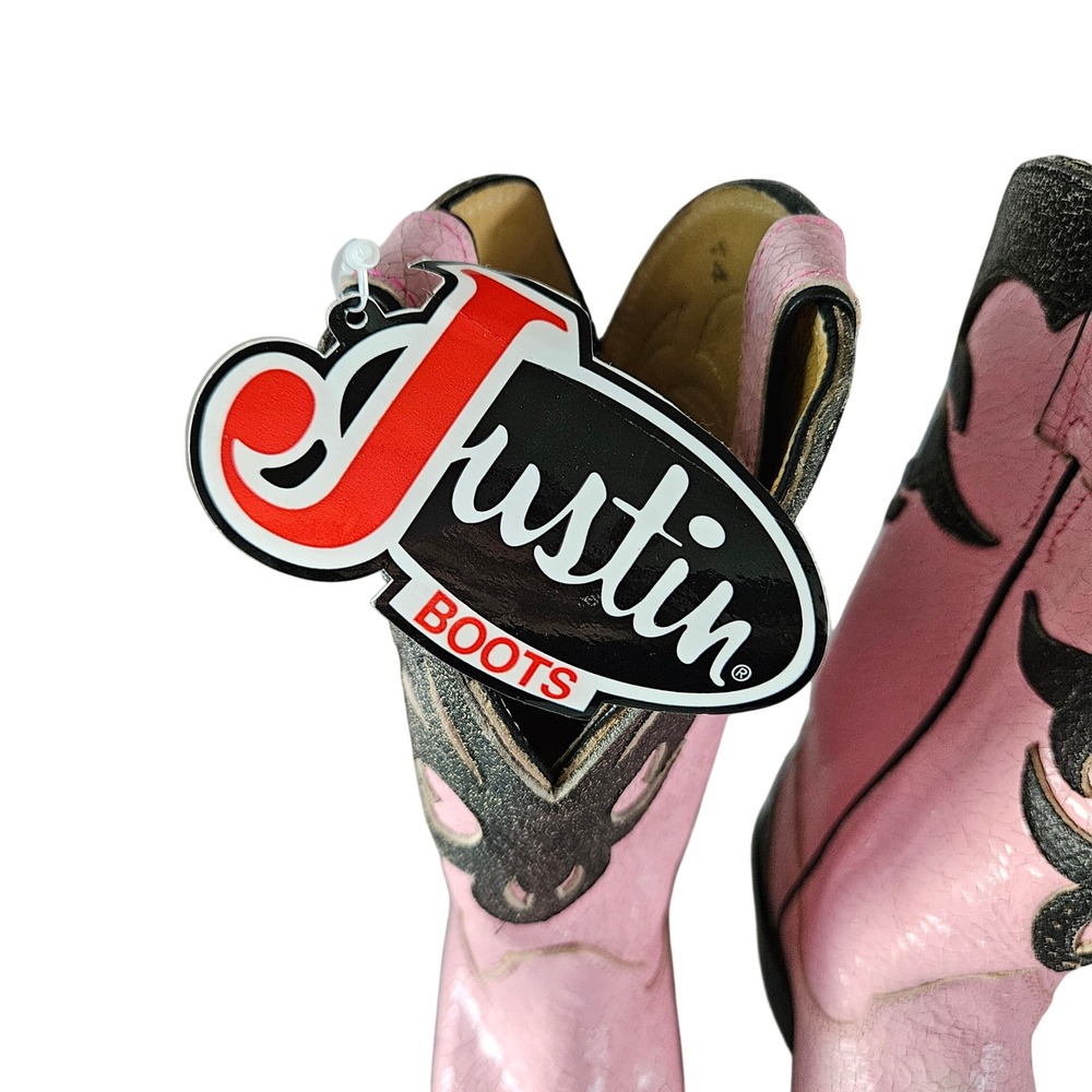 Justin Womens Pink Black Leather Western Cowboy Boots USA Made Size 7.5 B NEW - Picture 11 of 11